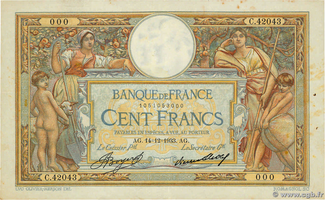 100 Francs LUC OLIVIER MERSON grands cartouches Numéro spécial FRANCIA  1933 F.24.12 MBC+