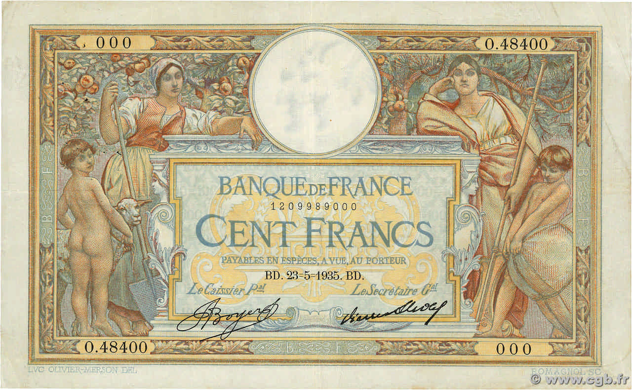 100 Francs LUC OLIVIER MERSON grands cartouches Numéro spécial FRANCE  1935 F.24.14 TTB