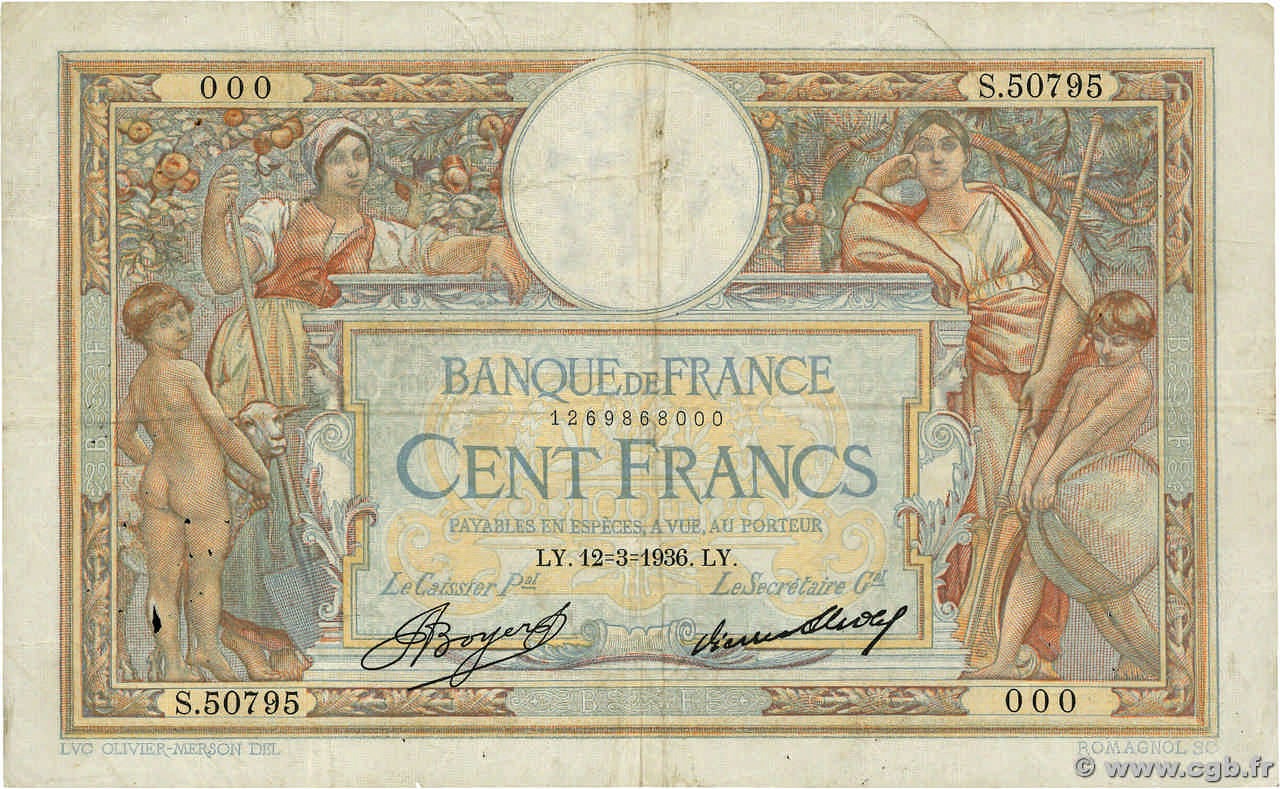100 Francs LUC OLIVIER MERSON grands cartouches Numéro spécial FRANCE  1936 F.24.15 F