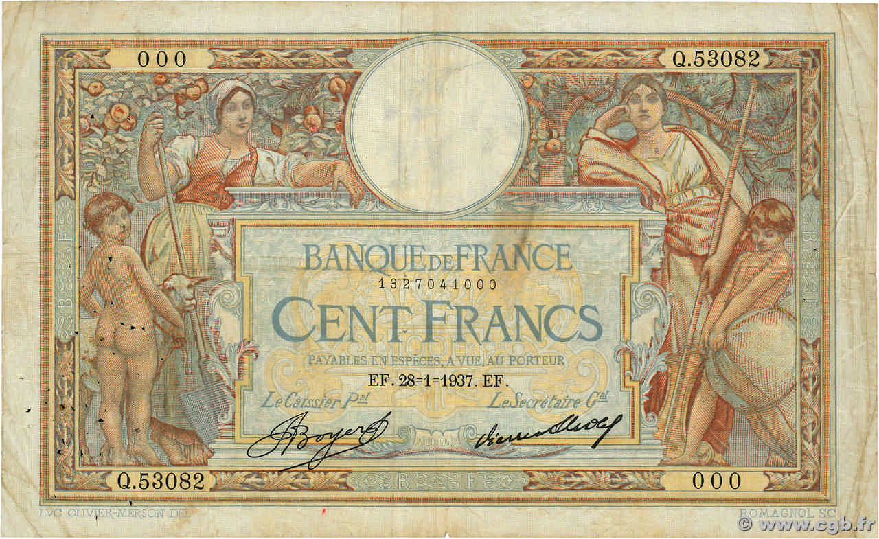 100 Francs LUC OLIVIER MERSON grands cartouches Numéro spécial FRANCIA  1937 F.24.16 q.MB