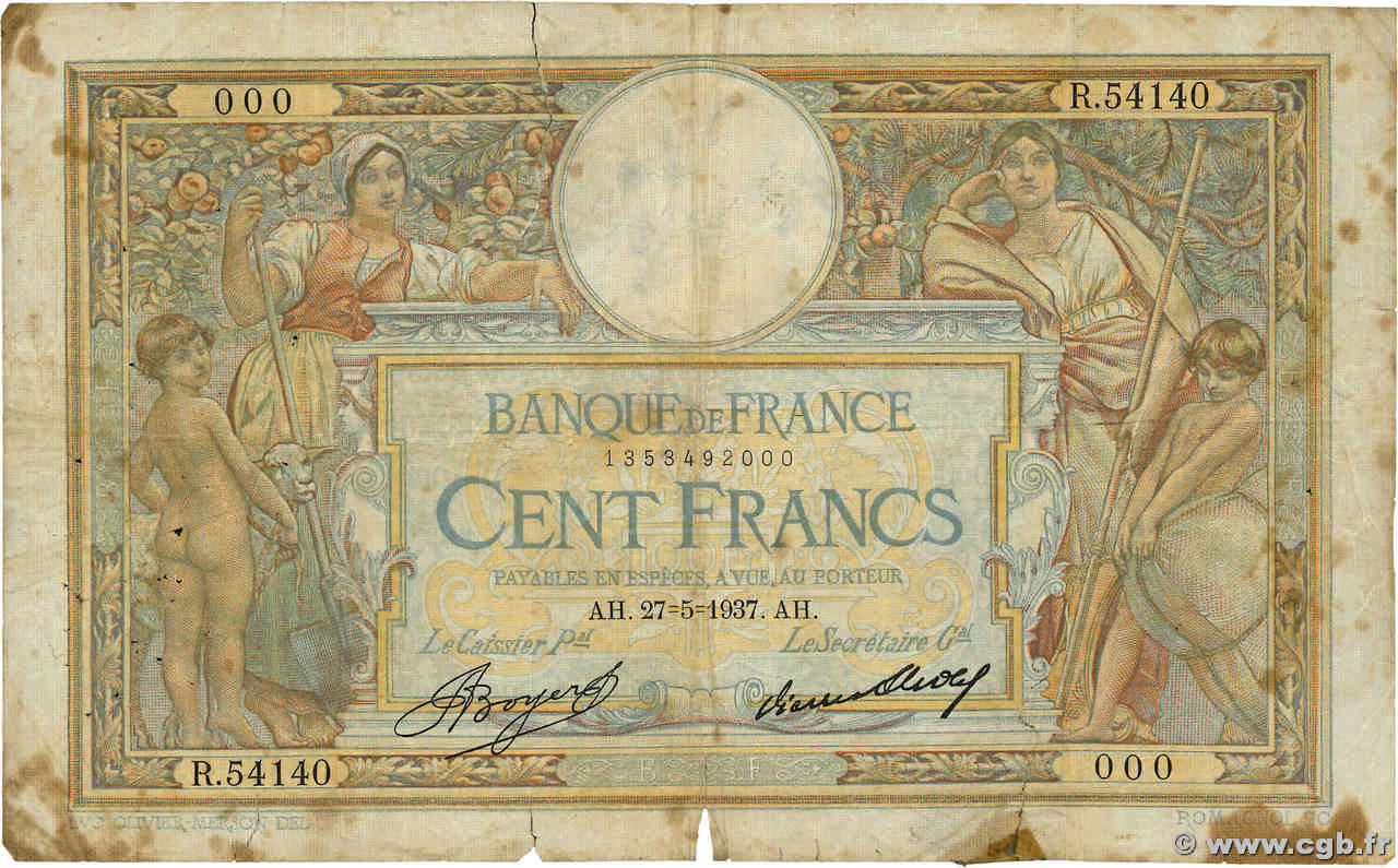 100 Francs LUC OLIVIER MERSON grands cartouches Numéro spécial FRANCE  1937 F.24.16 AB