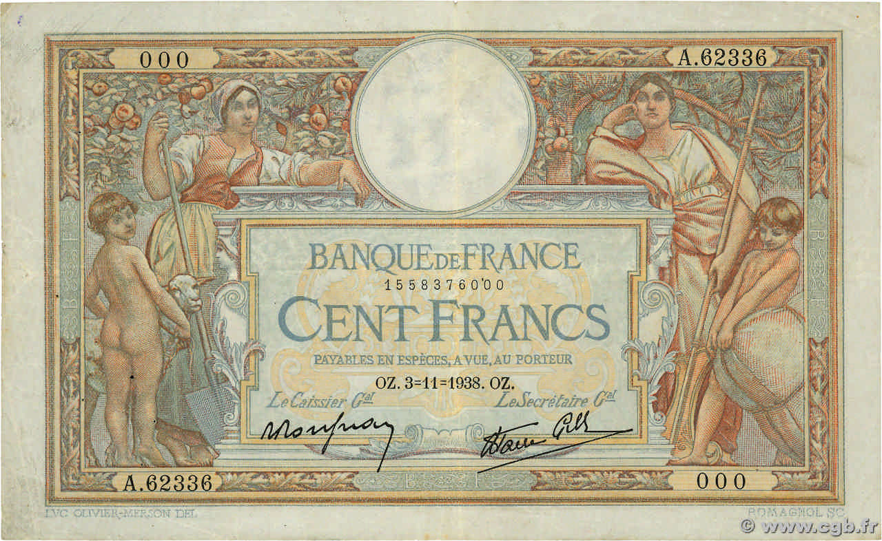 100 Francs LUC OLIVIER MERSON type modifié Numéro spécial FRANCIA  1938 F.25.34 BB