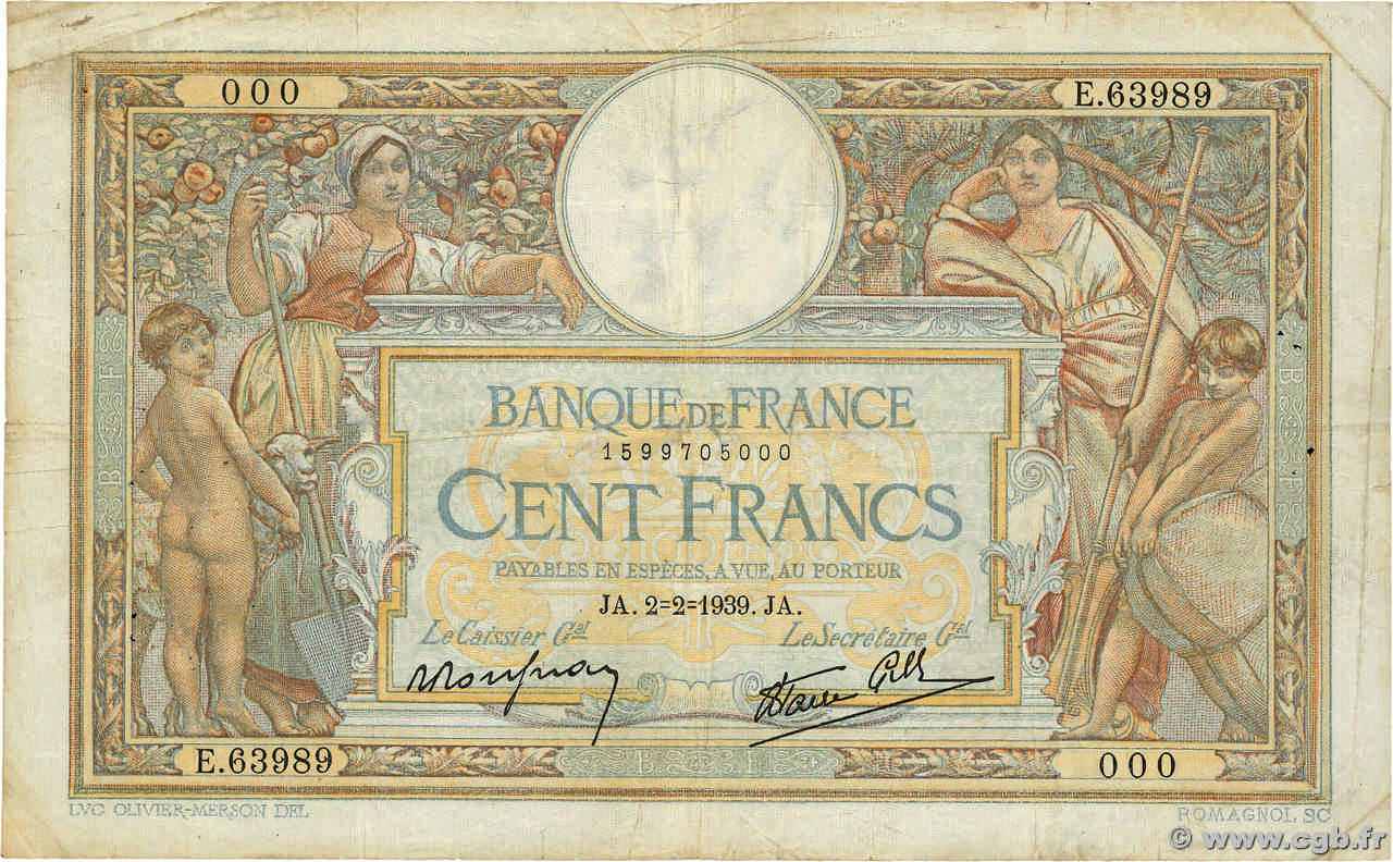 100 Francs LUC OLIVIER MERSON type modifié Numéro spécial FRANCIA  1939 F.25.41 MB