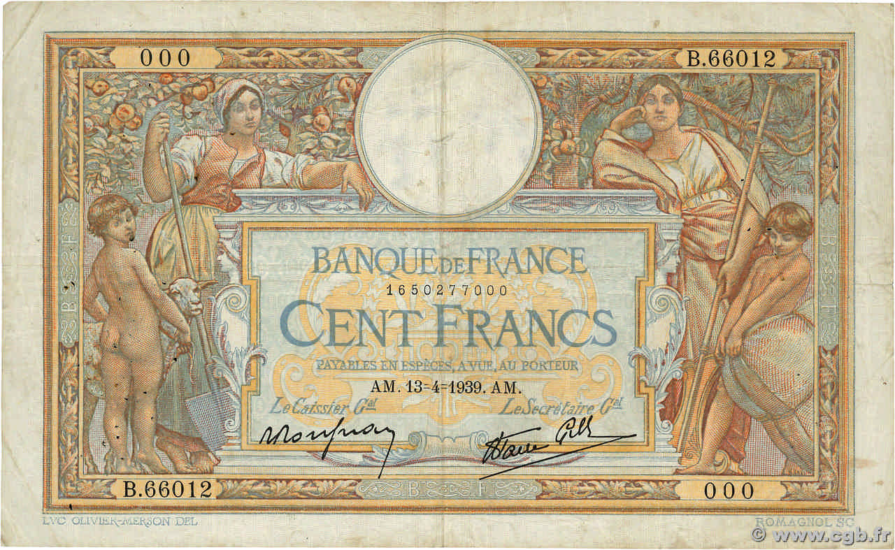 100 Francs LUC OLIVIER MERSON type modifié Numéro spécial FRANKREICH  1939 F.25.46 S