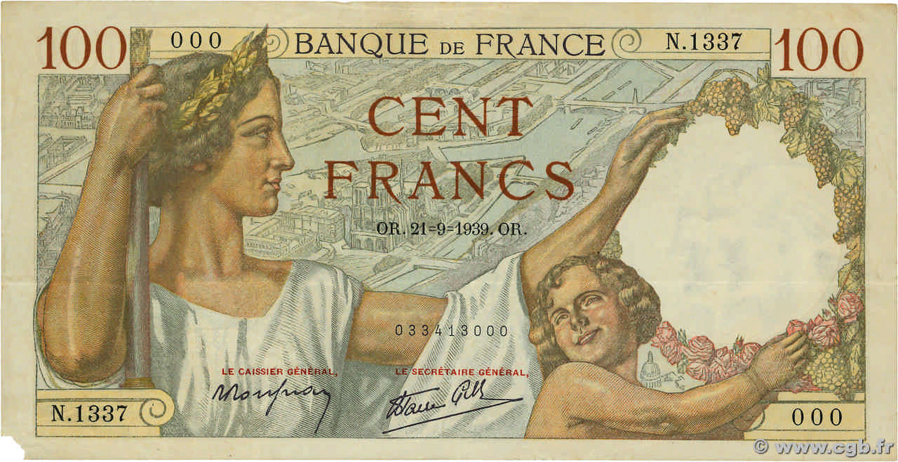 100 Francs SULLY Numéro spécial FRANCE  1939 F.26.07 TTB