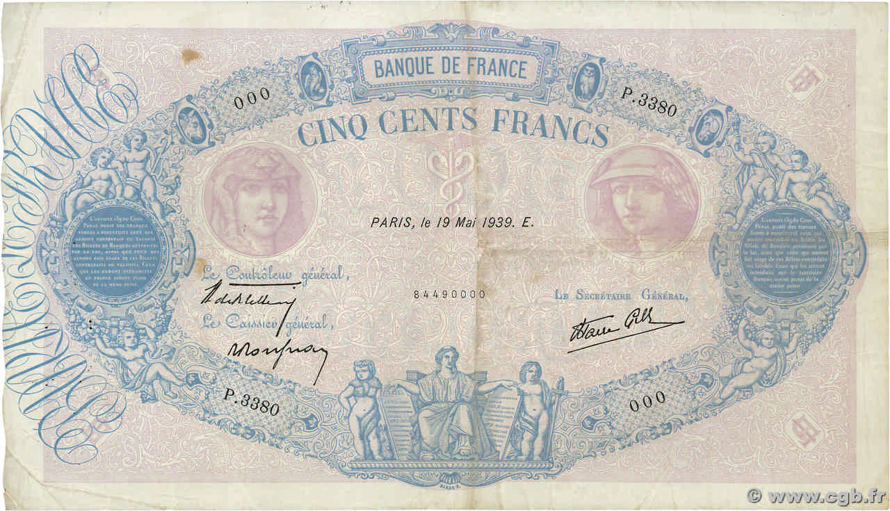 500 Francs BLEU ET ROSE modifié Numéro spécial FRANCE  1939 F.31.31 pr.TTB