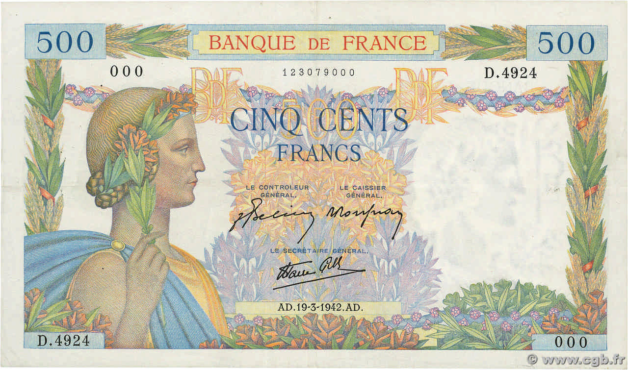 500 Francs LA PAIX Numéro spécial FRANKREICH  1942 F.32.31 SS