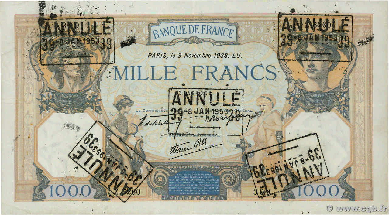 1000 Francs CÉRÈS ET MERCURE type modifié Annulé FRANCIA  1938 F.38.32 q.SPL
