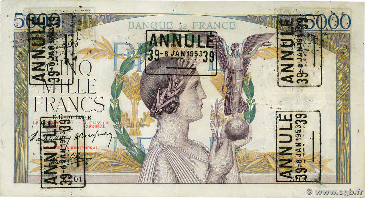 5000 Francs VICTOIRE Impression à plat Annulé FRANCE  1939 F.46.15 VF