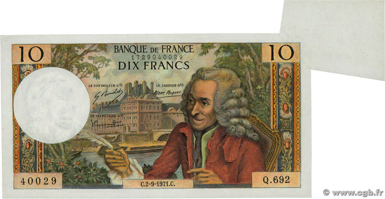 10 Francs VOLTAIRE Fauté FRANCIA  1971 F.62.51 AU