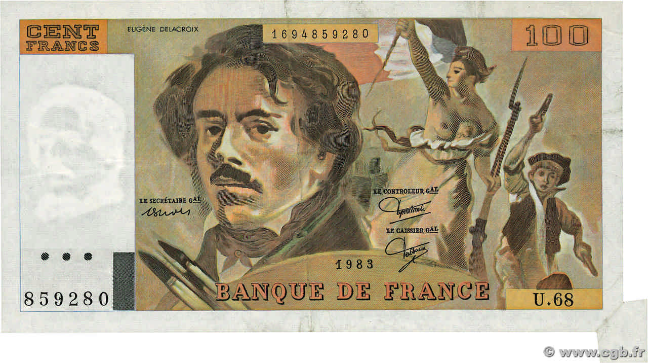 100 Francs DELACROIX modifié Fauté FRANCIA  1983 F.69.07 MBC