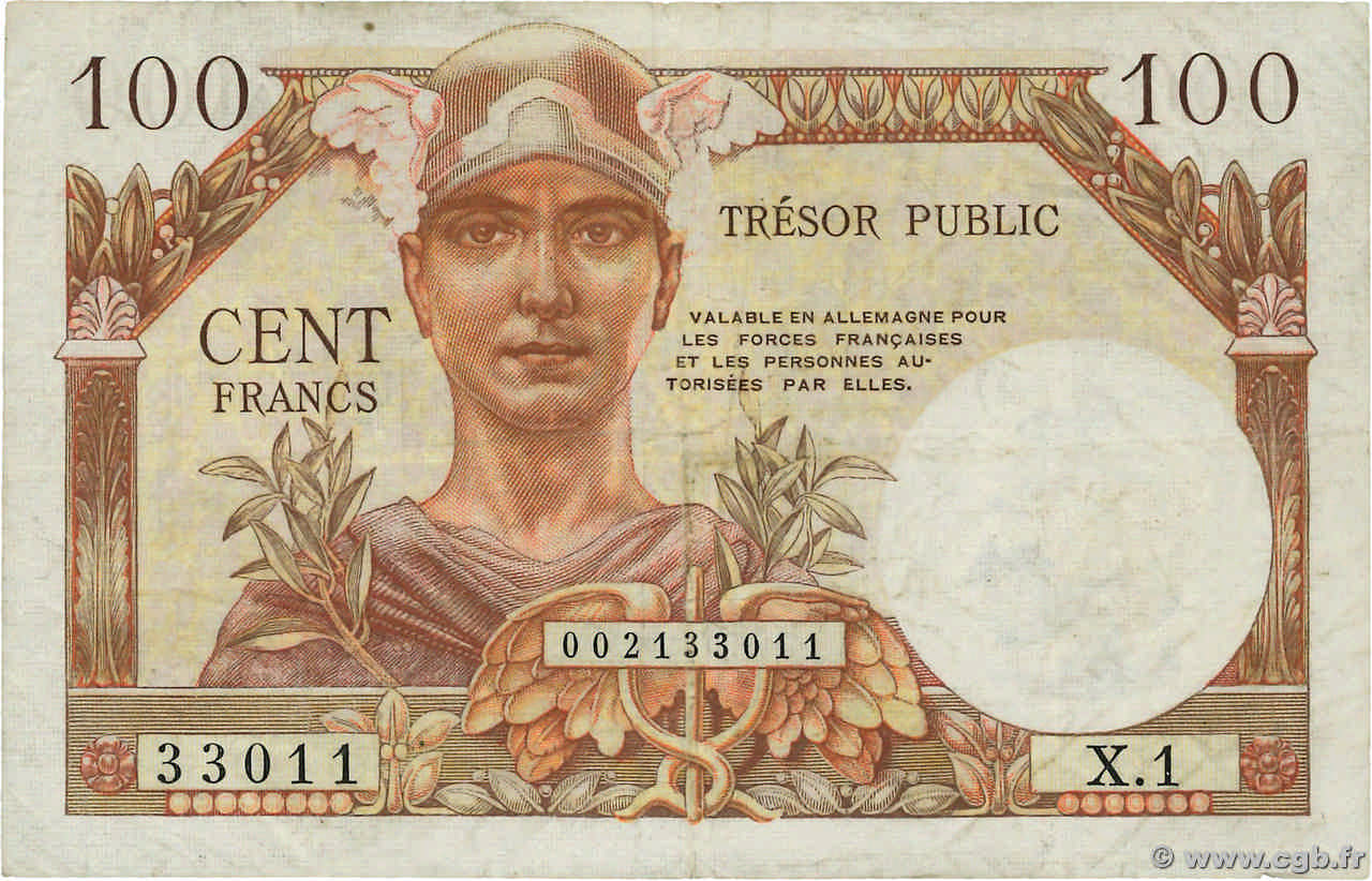 100 Francs TRÉSOR PUBLIC FRANCIA  1955 VF.34.01 MBC