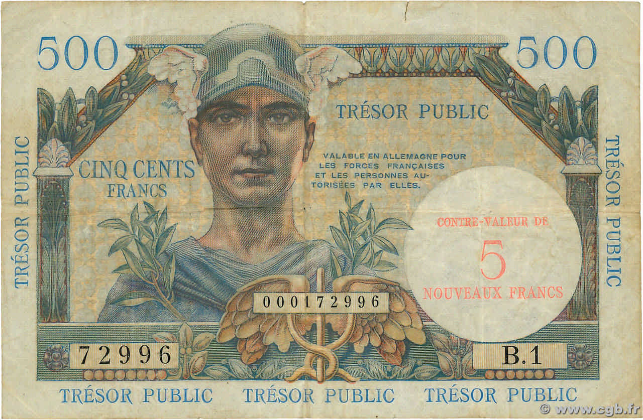 5NF sur 500 Francs TRÉSOR PUBLIC FRANKREICH  1960 VF.37.01 S