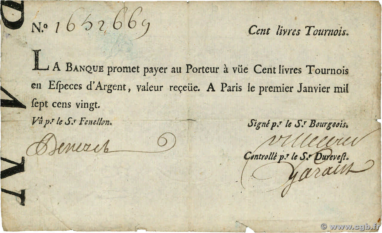 100 Livres Tournois typographié FRANCIA  1720 Dor.26 BC+