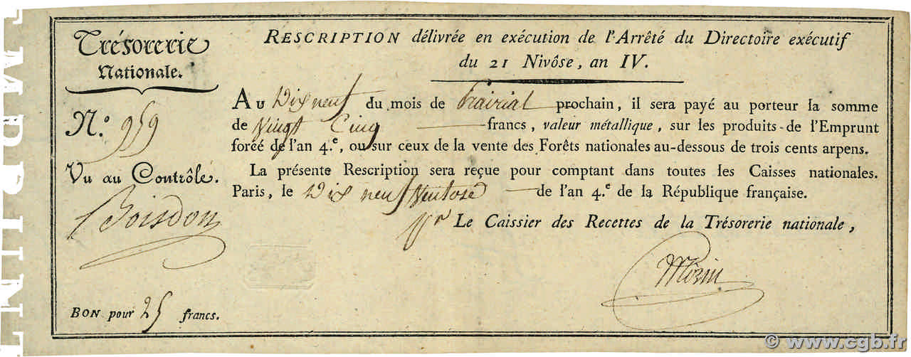 25 Francs FRANCE  1796 Ass.53a XF