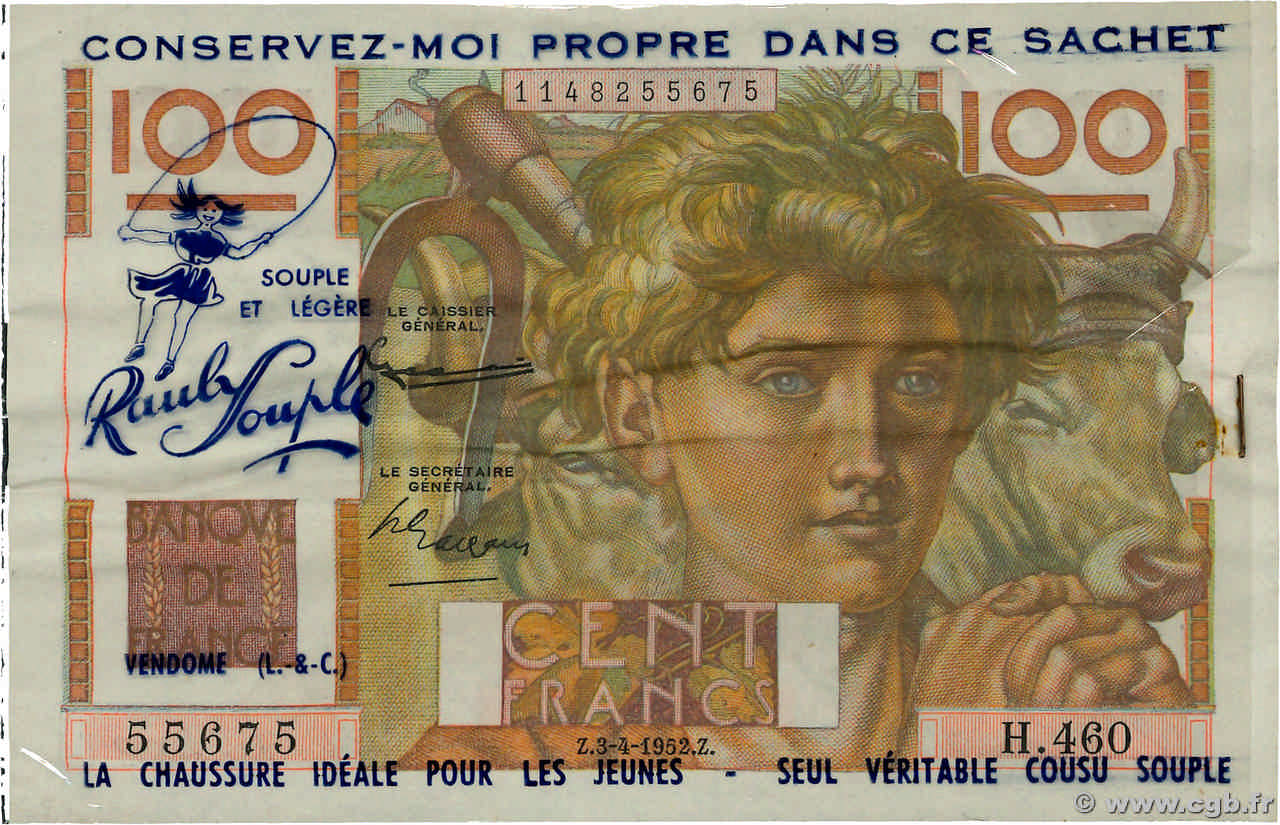 100 Francs JEUNE PAYSAN FRANCE regionalism and miscellaneous  1952 F.28.32a XF