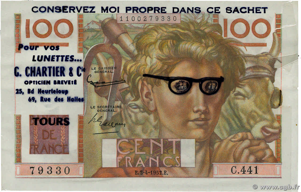 100 Francs JEUNE PAYSAN FRANCE régionalisme et divers  1952 F.28.32 TTB+