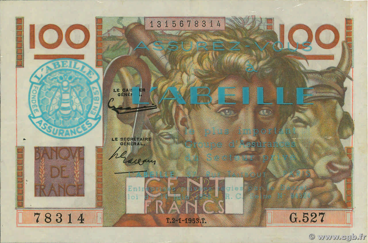 100 Francs JEUNE PAYSAN FRANCE Regionalismus und verschiedenen  1953 F.28.35 VZ