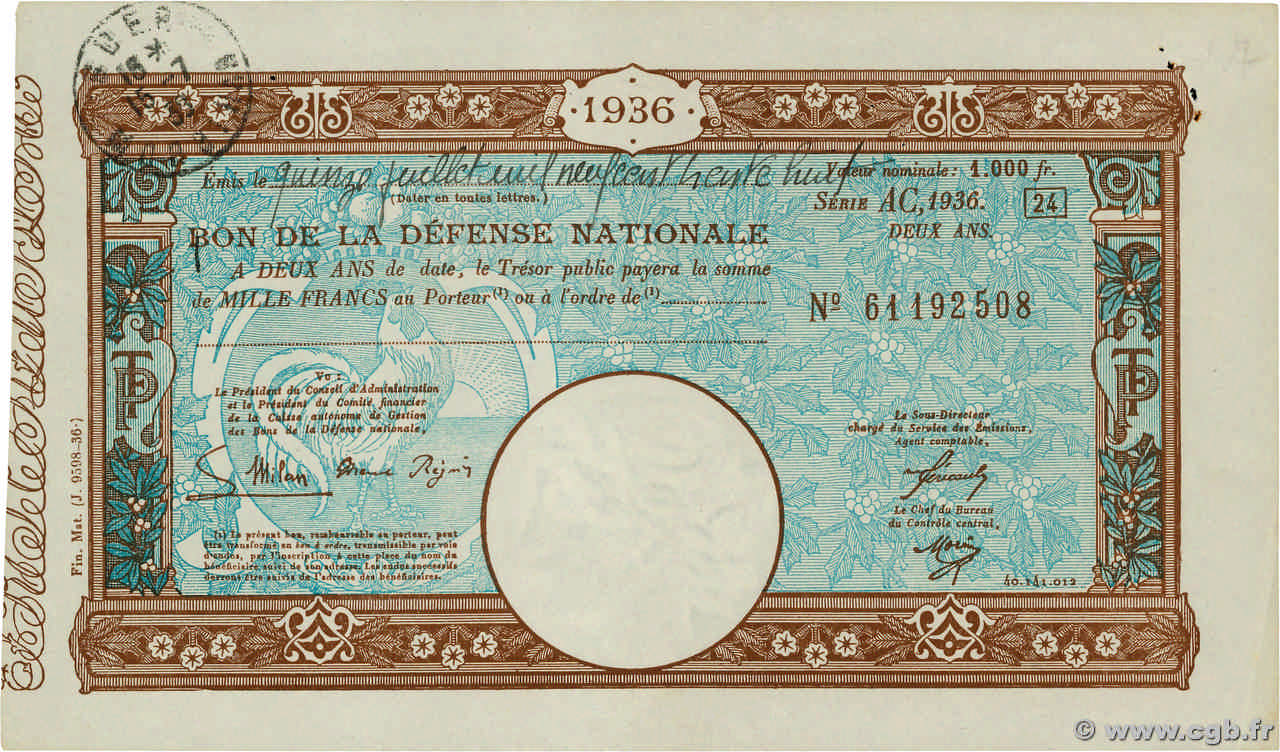 1000 Francs FRANCE regionalism and miscellaneous  1938  XF+