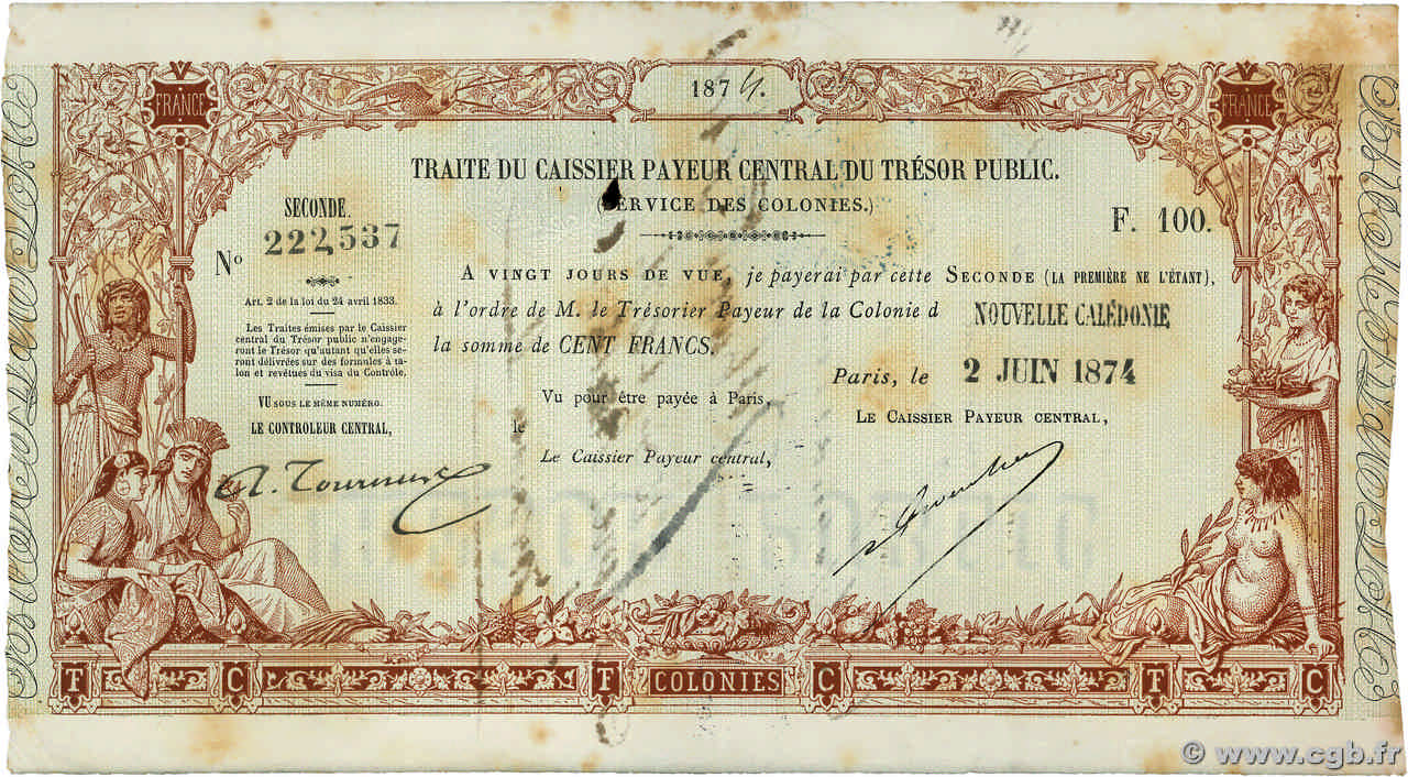100 Francs NOUVELLE CALÉDONIE  1874 K.- TTB