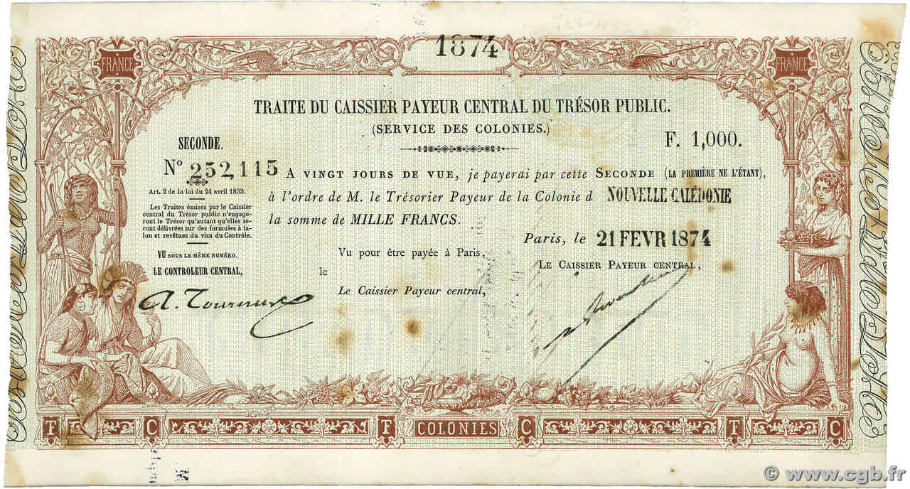 1000 Francs NOUVELLE CALÉDONIE  1874 K.89 TTB