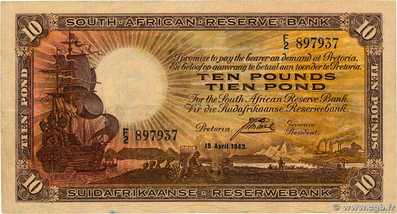 10 Pounds SOUTH AFRICA  1943 P.087 VF+