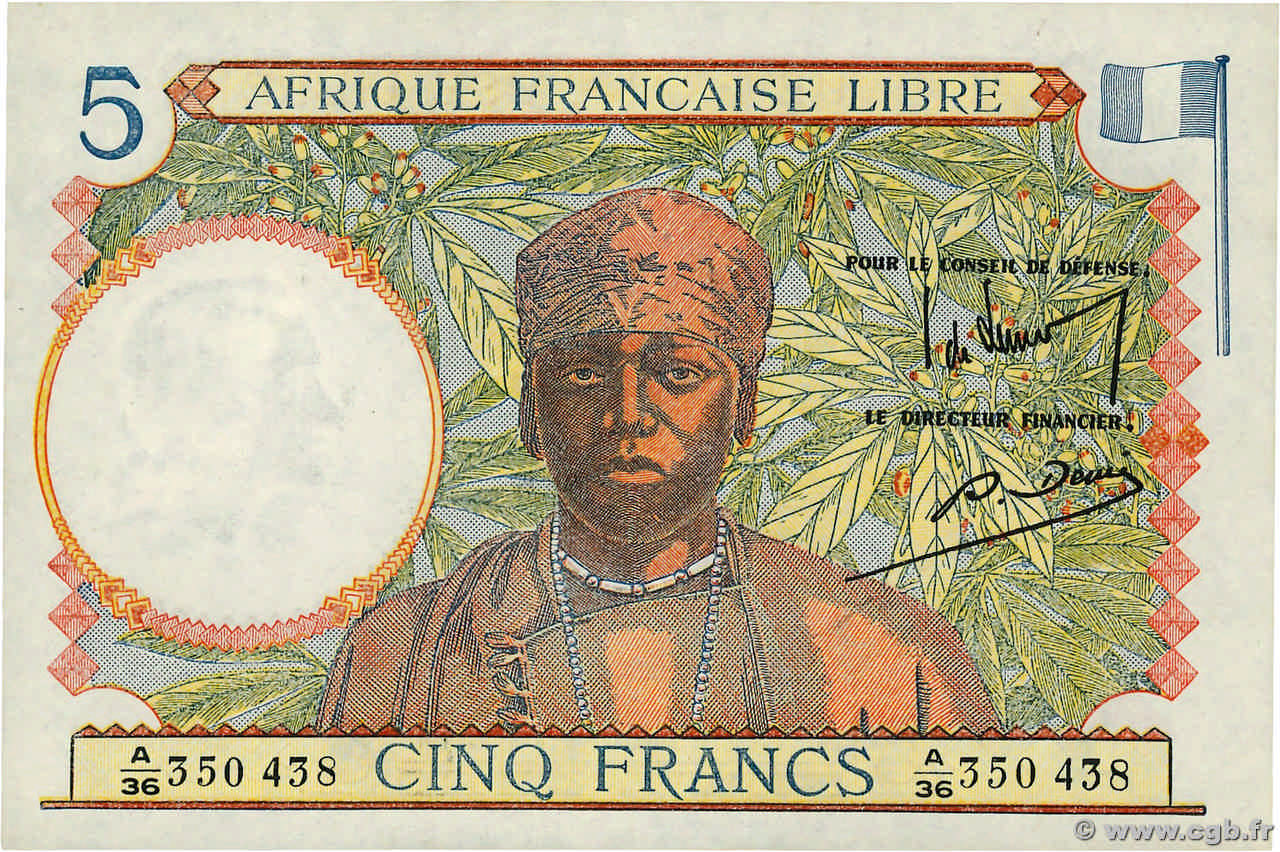 5 Francs FRENCH EQUATORIAL AFRICA Brazzaville 1941 P.06a UNC