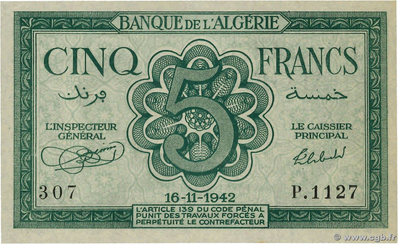 5 Francs ALGERIA  1942 P.091 UNC-