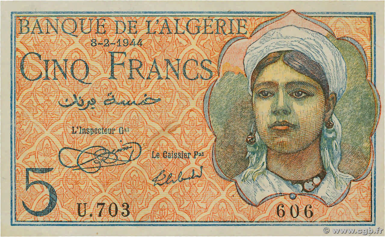 5 Francs ALGERIA  1944 P.094a AU