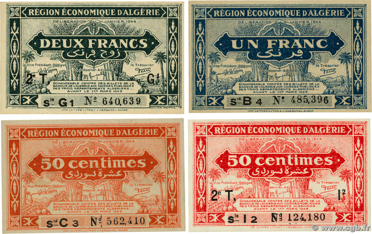 50 Centimes, 1 et 2 Francs Lot ALGÉRIE  1944 P.097a, P098a, P.100 et P.102 pr.NEUF