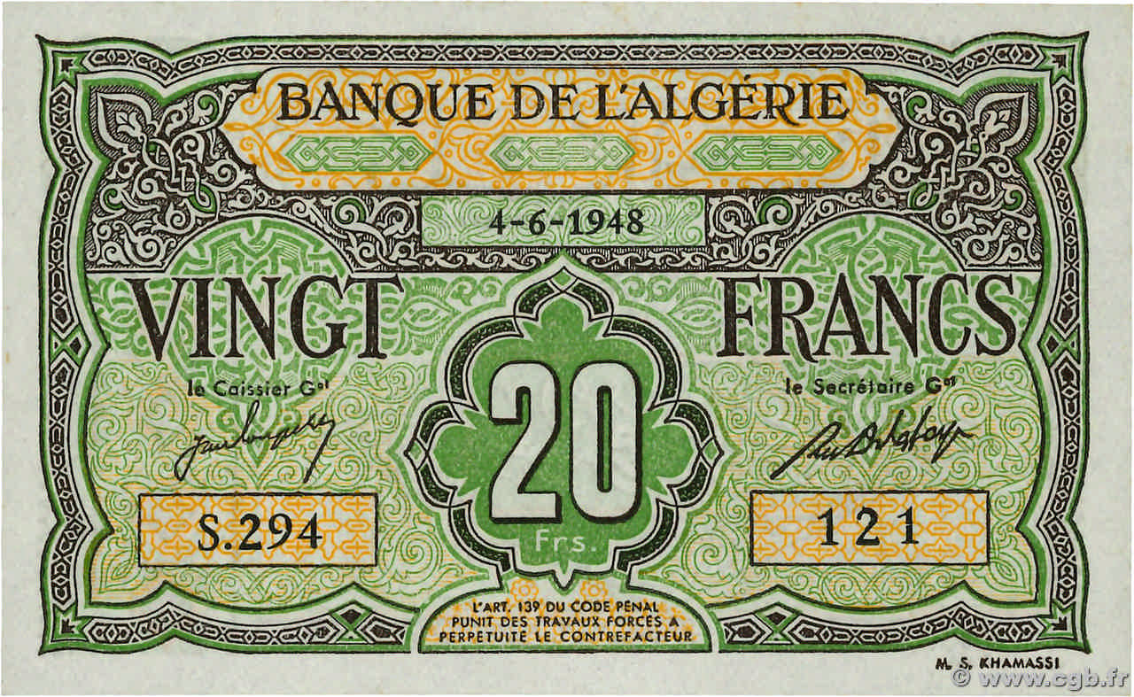 20 Francs ARGELIA  1948 P.103 FDC