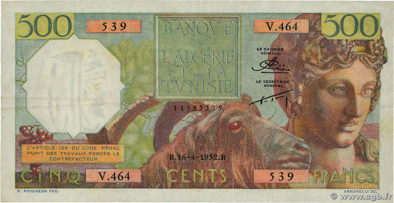 500 Francs ALGERIEN  1952 P.106 fVZ