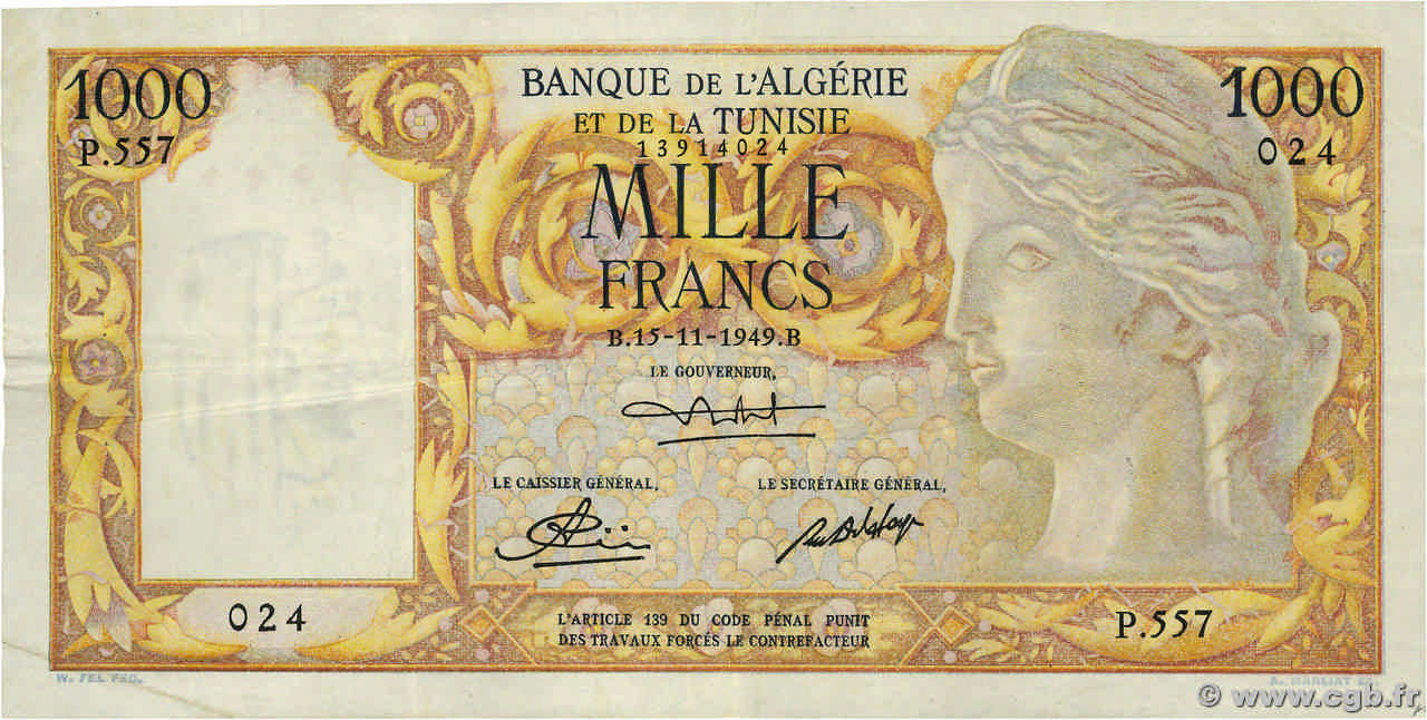 1000 Francs ALGÉRIE  1949 P.107a TTB+