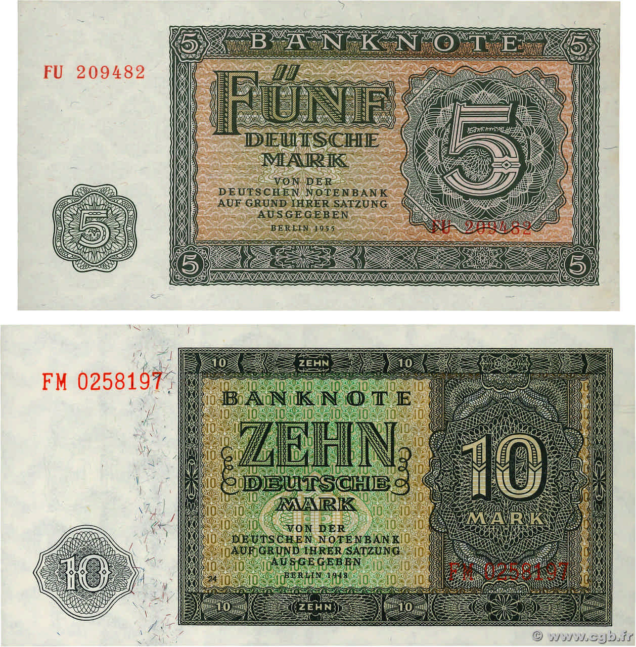 5 et 10 Deutsche Mark Lot REPUBBLICA DEMOCRATICA TEDESCA  1948 P.12b et P.17 q.FDC
