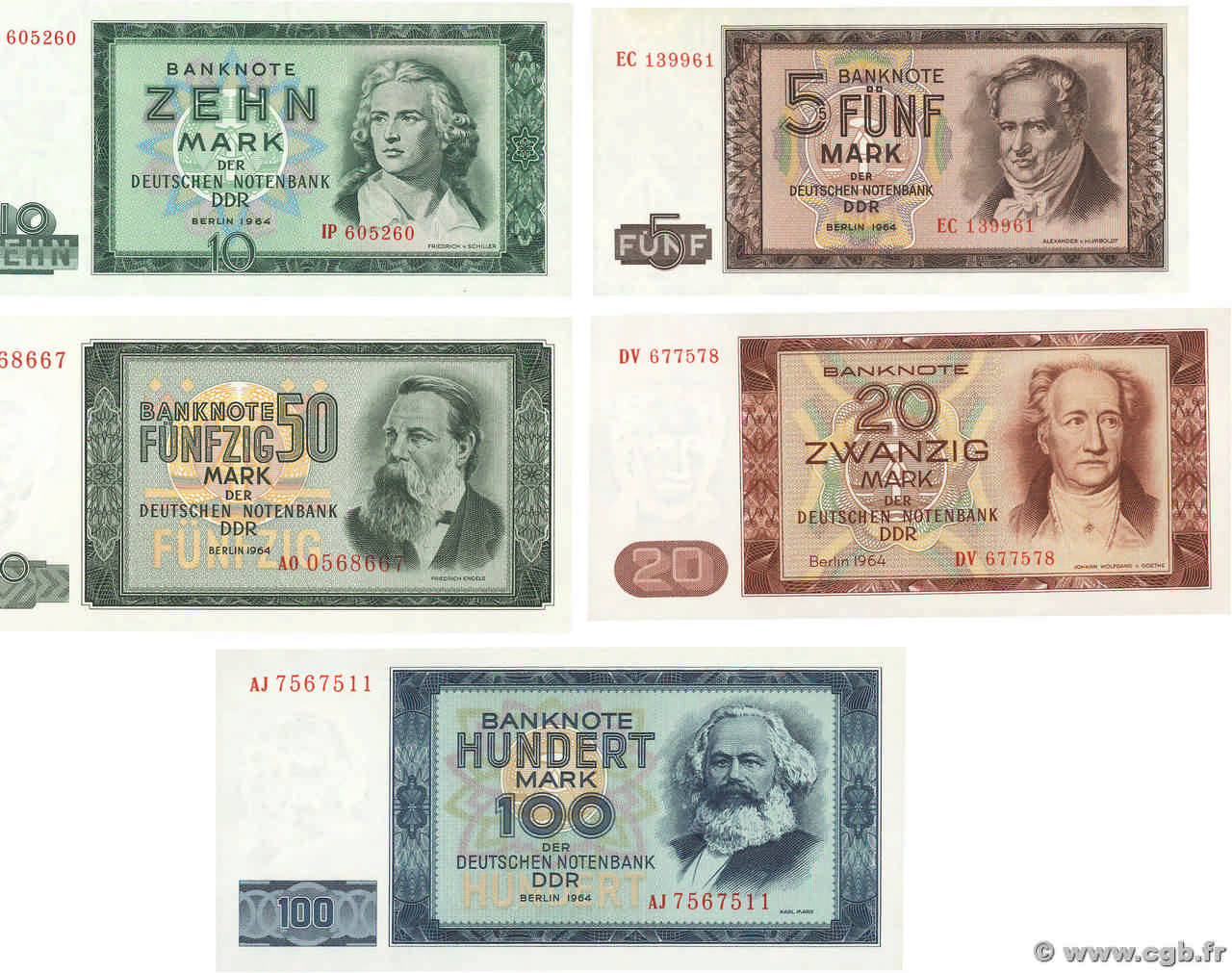 5 au 100 Mark Lot GERMAN DEMOCRATIC REPUBLIC  1964 P.22a au P.26a AU+