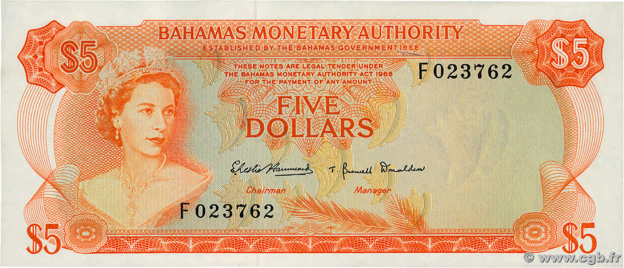 5 Dollars BAHAMAS  1968 P.29a fST+
