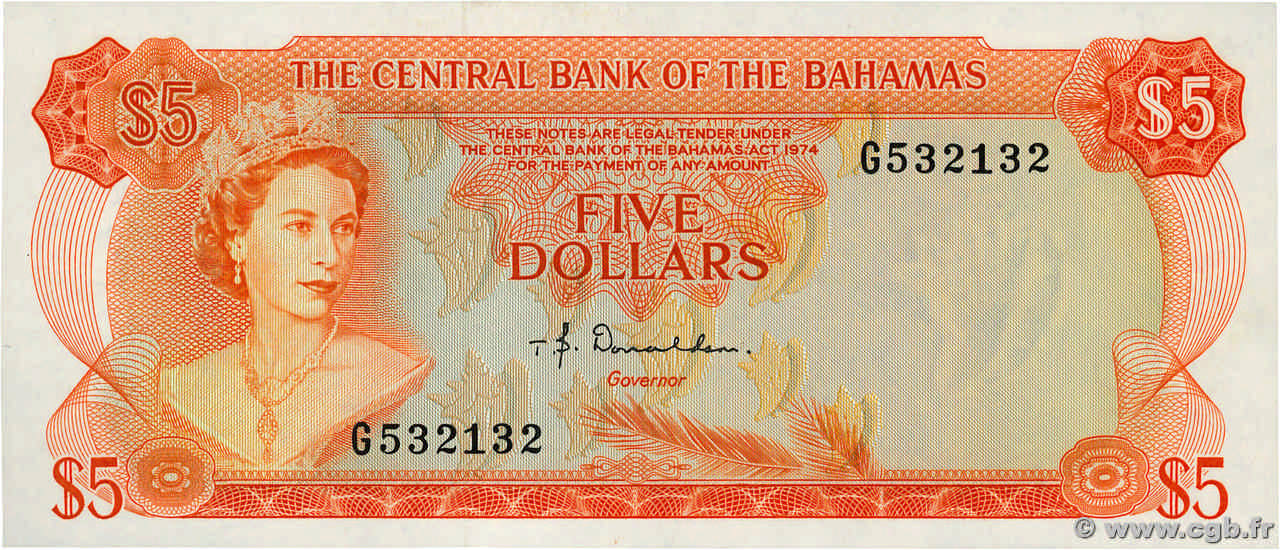 5 Dollars BAHAMAS  1974 P.37a UNC-
