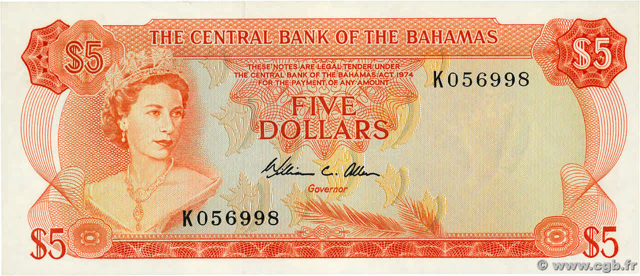 5 Dollars BAHAMAS  1974 P.37b UNC