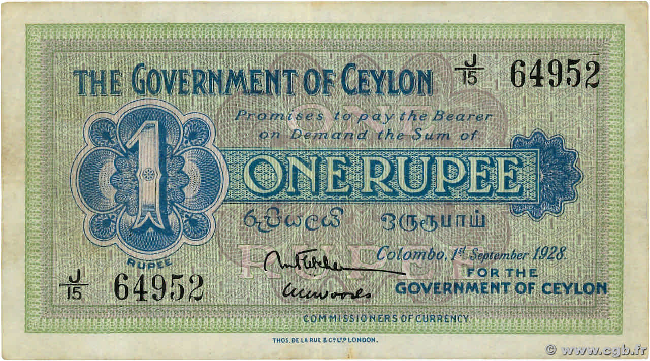 1 Rupee CEYLAN  1928 P.016b TTB+
