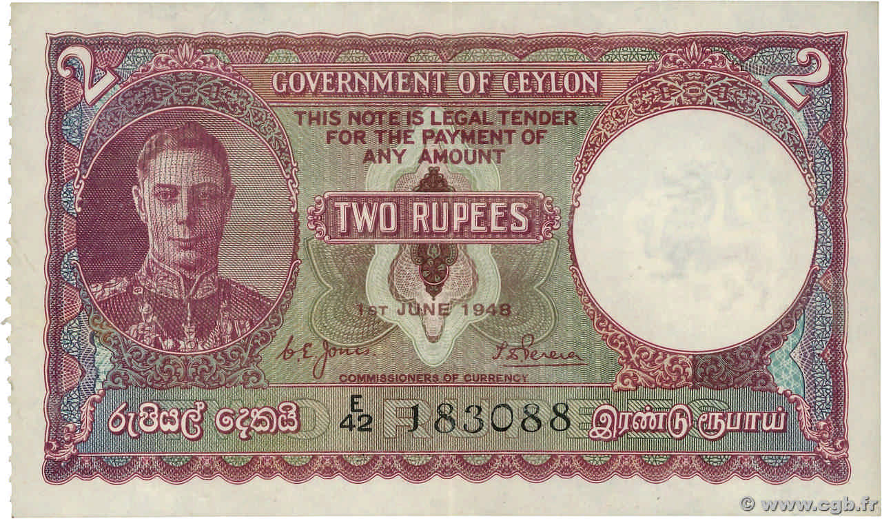 2 Rupees CEYLON  1948 P.035 fST