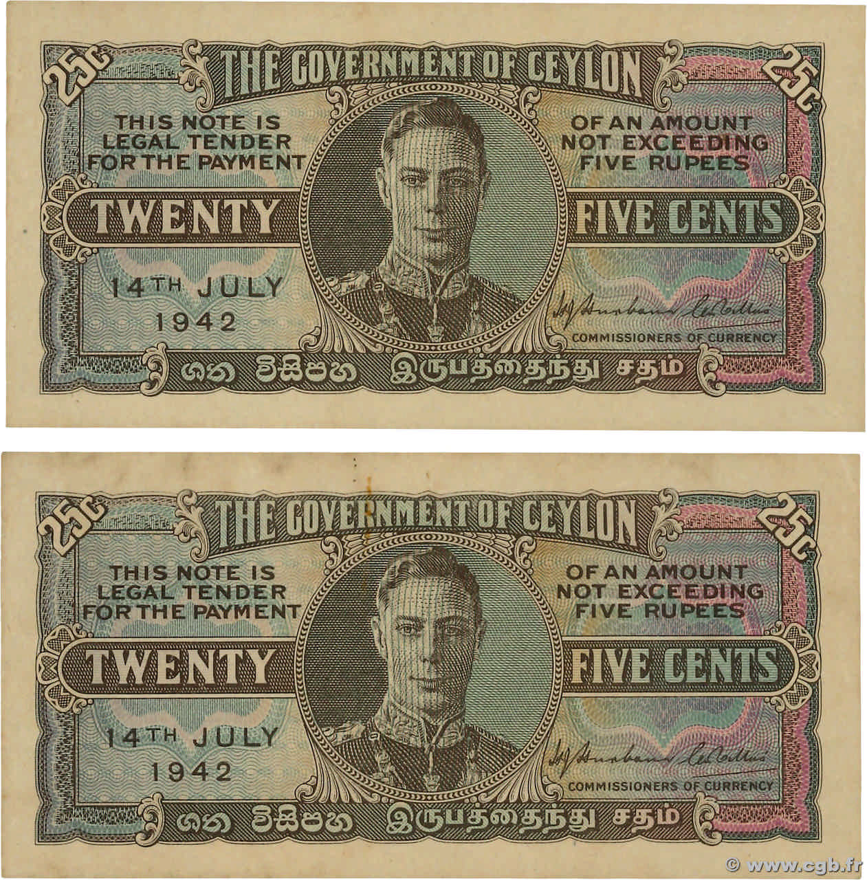 25 Cents Consécutifs CEYLAN  1942 P.044a SPL