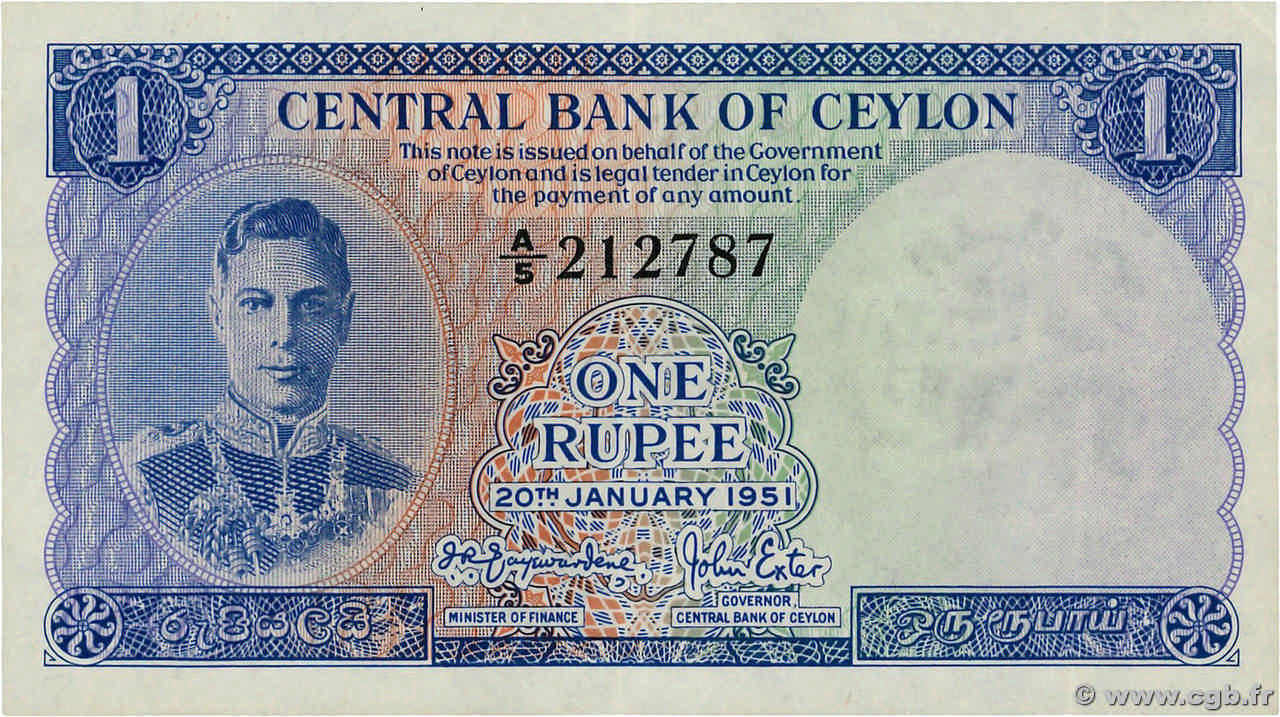 1 Rupee CEYLON  1951 P.047 AU