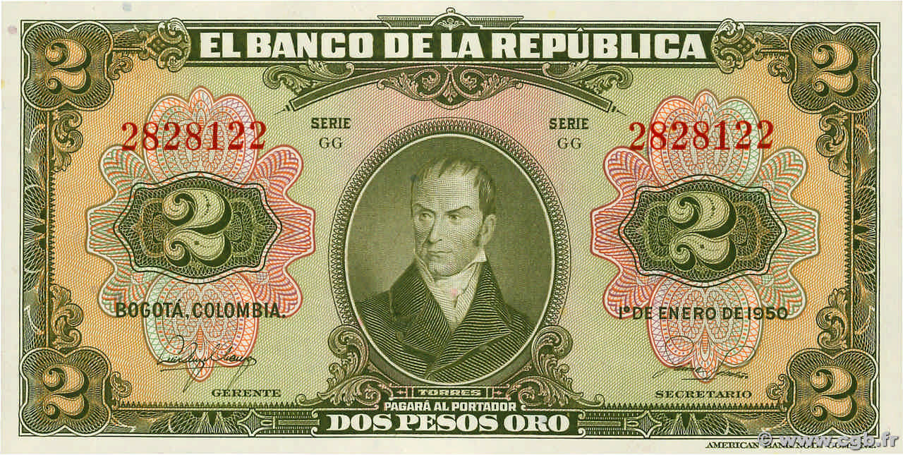 2 Pesos Oro COLOMBIE  1950 P.390c SUP+