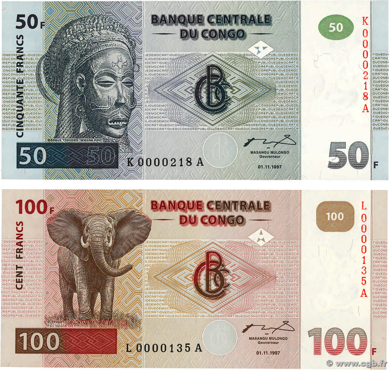 50 et 100 Francs Petit numéro RÉPUBLIQUE DÉMOCRATIQUE DU CONGO  1997 P.089a et P.090a pr.NEUF