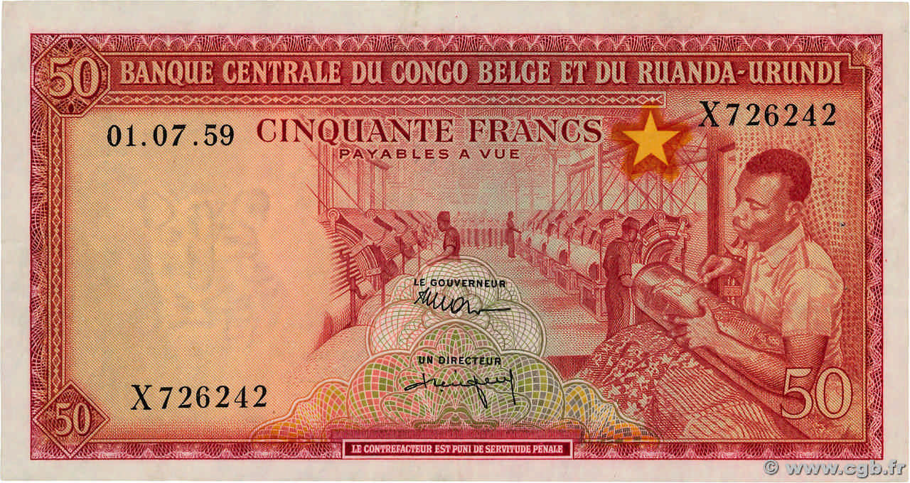 50 Francs BELGIAN CONGO  1959 P.32 XF+