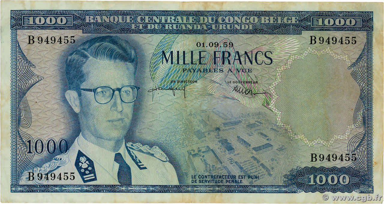 1000 Francs CONGO BELGA  1959 P.35 BB