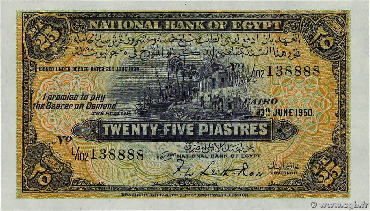 25 Piastres EGYPT  1950 P.010d UNC-