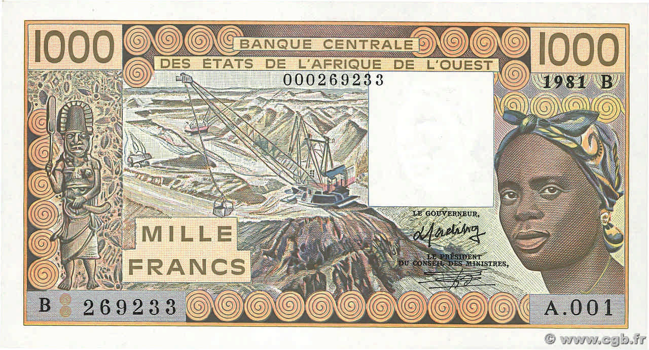 1000 Francs STATI AMERICANI AFRICANI  1981 P.207Bb AU+