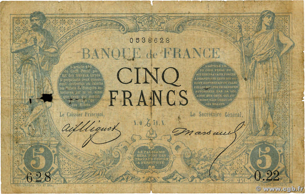 5 Francs NOIR FRANCE  1871 F.01.01 B