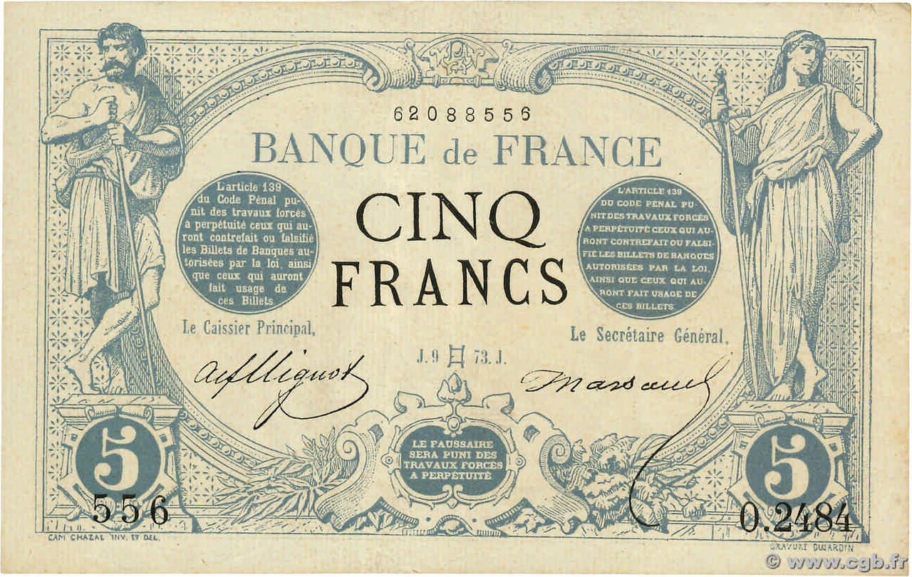5 Francs NOIR FRANCE  1873 F.01.18 XF-